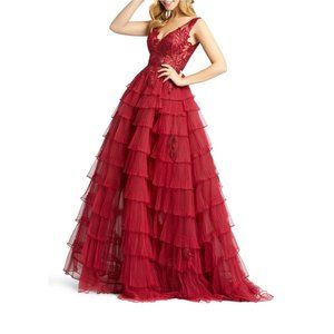 New MAC DUGGAL Embellished Tiered Chiffon Ballgown Deep Red SZ 16